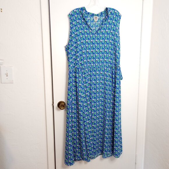 Ann Klein Blue Abstract Print Jenna Drawstring Waist Midi Dress - Picture 1 of 14